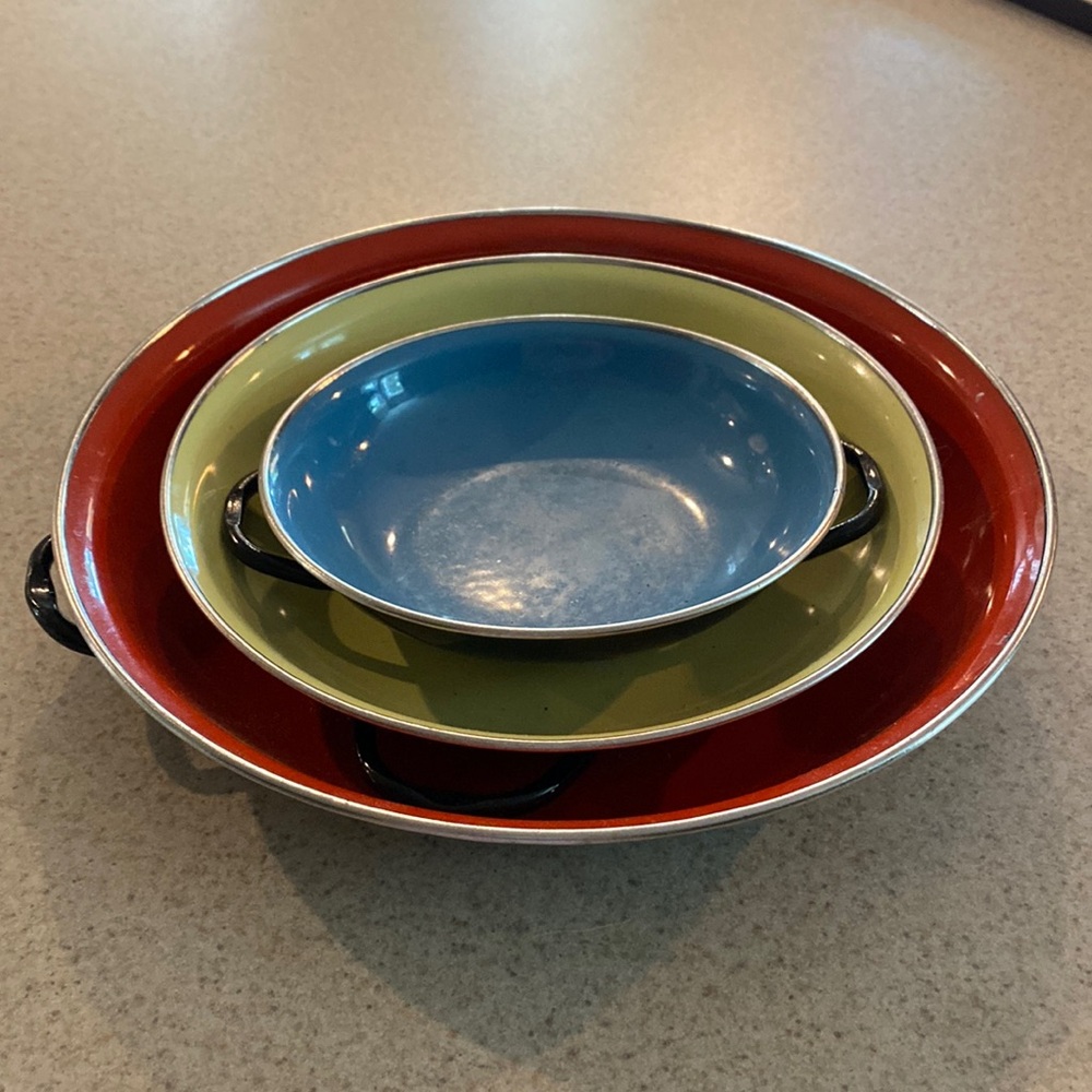 3 Vintage Emo Celje Colored Enamel Nesting Saute Pans